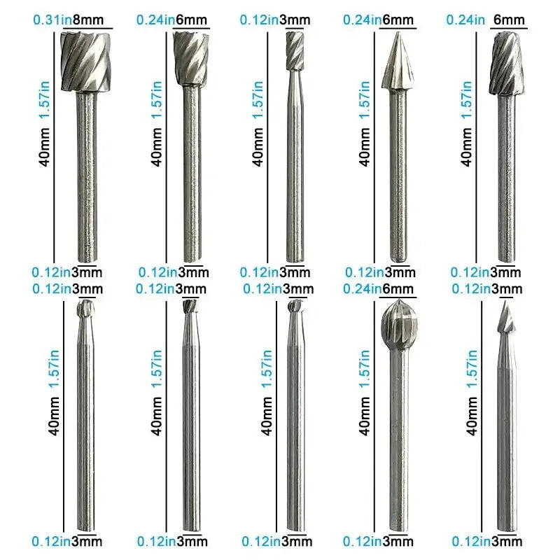 10 Piece HSS Woodworking Rotary File Set Handmade For DIY Engraving Milling Grinding High Speed Steel
