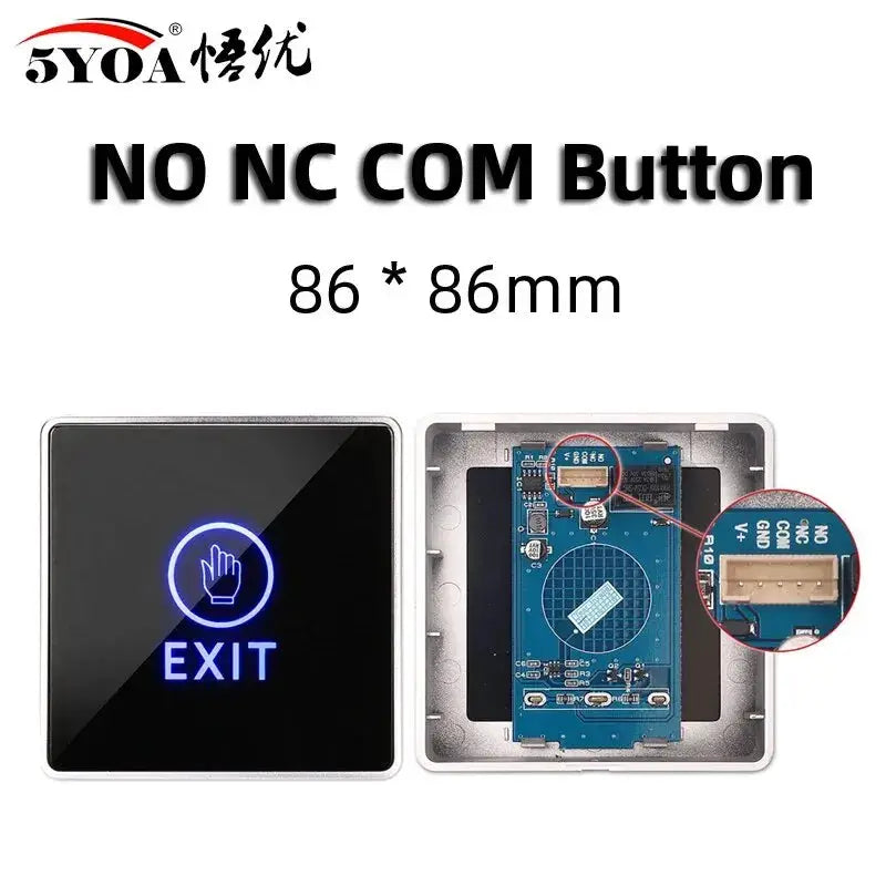 Simples Market door exit push switch, blue illuminated EXIT indicator, 86x86 mm, no-touch release