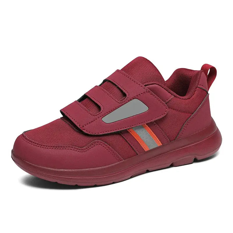 Wide-toe orthopedic sneakers for swollen feet in burgundy with Velcro straps