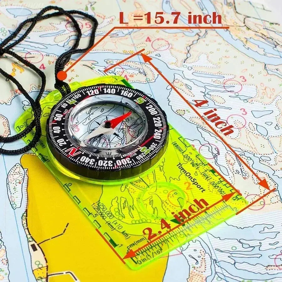 Simples Market waterproof compass with neon-green baseplate and black bezel on a map for hiking and orienteering