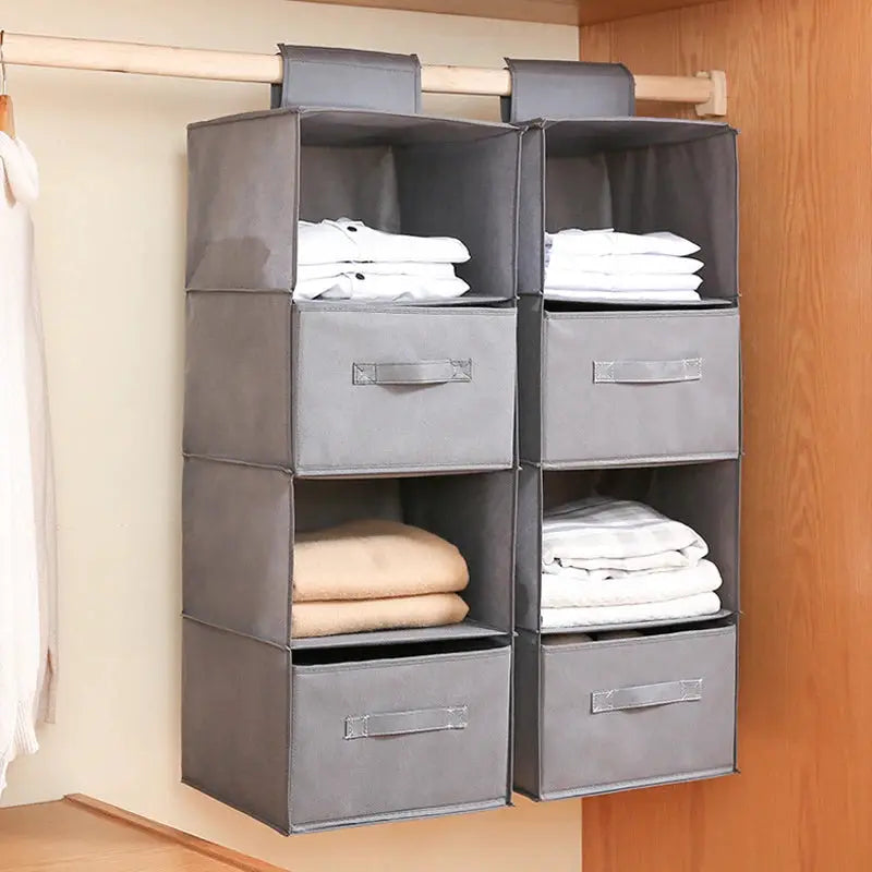 Simples Market hanging wardrobe organizer, cotton-linen grey fabric, 2-pack with drawer-style bins