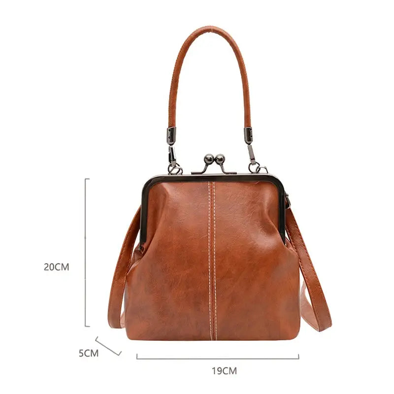 Vintage-style brown PU leather handbag with top handle and crossbody strap, Simples Market, 19×20×5 cm