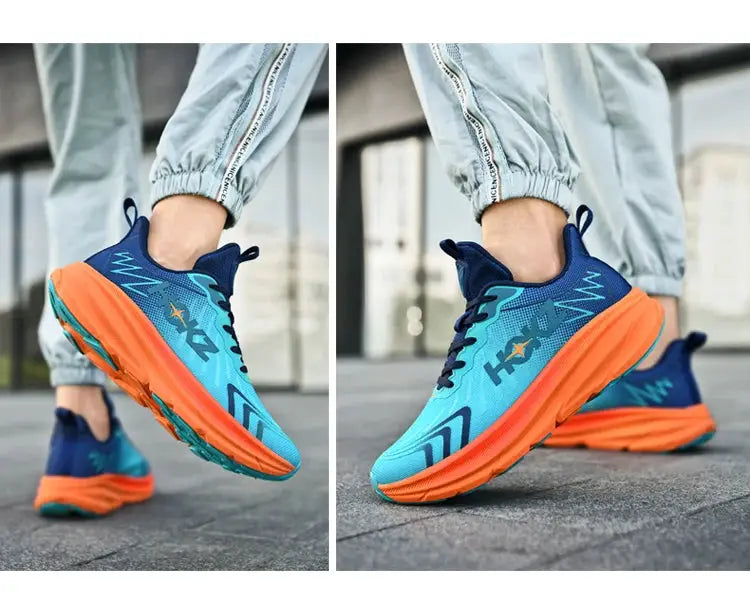 Men's running shoes by Simples Market, blue breathable mesh with orange cushioned sole