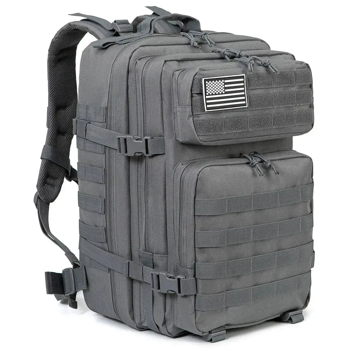 45L tactical backpack in gray with MOLLE webbing and multiple zip pockets