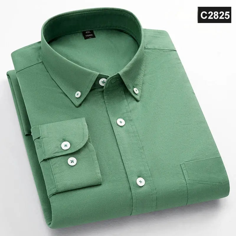 Men's green long-sleeve Oxford shirt with button-down collar and single pocket, folded.