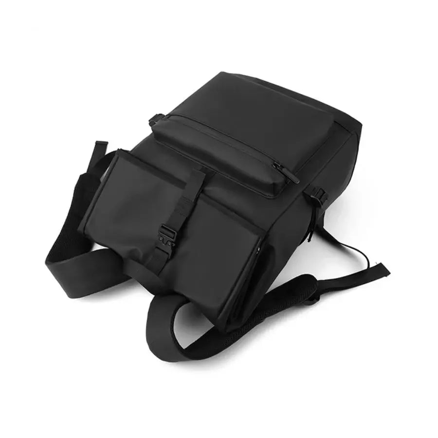17-inch urban business backpack in black with front buckle pocket and adjustable straps