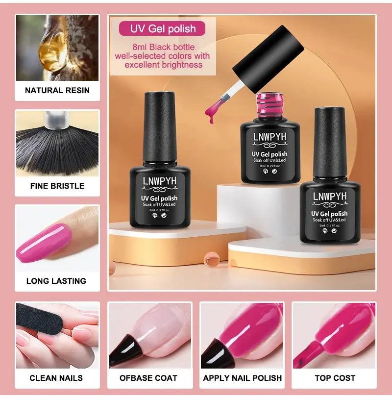 Nail polish kit by Simples Market with 3 UV gel polish bottles and acrylic gel set