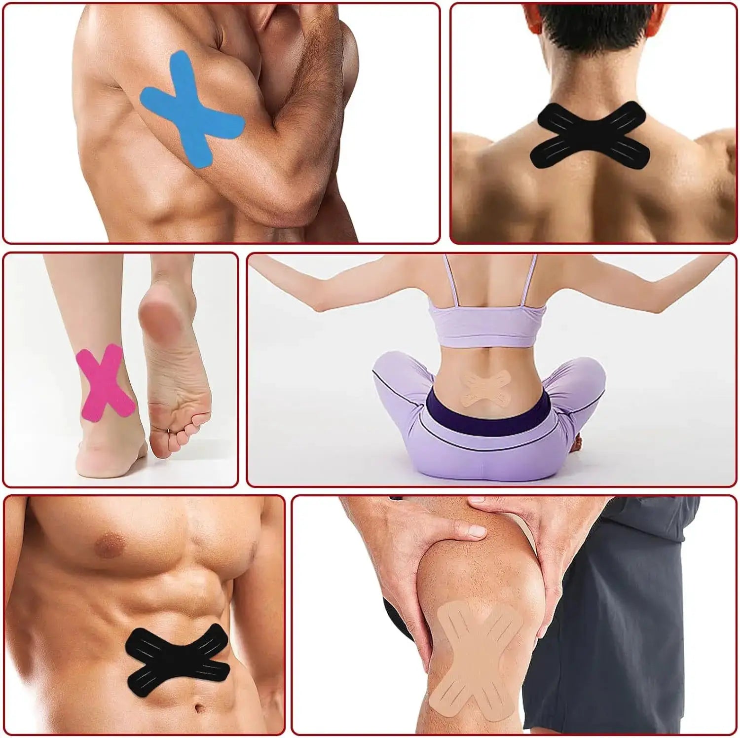 Simples Market Kinesiology Tape Elastic Therapeutic Strips with blue, pink and black X patterns on joints