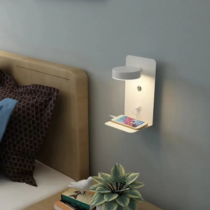 Simples Market white LED wall lamp with USB charging shelf, modern bedroom sconce