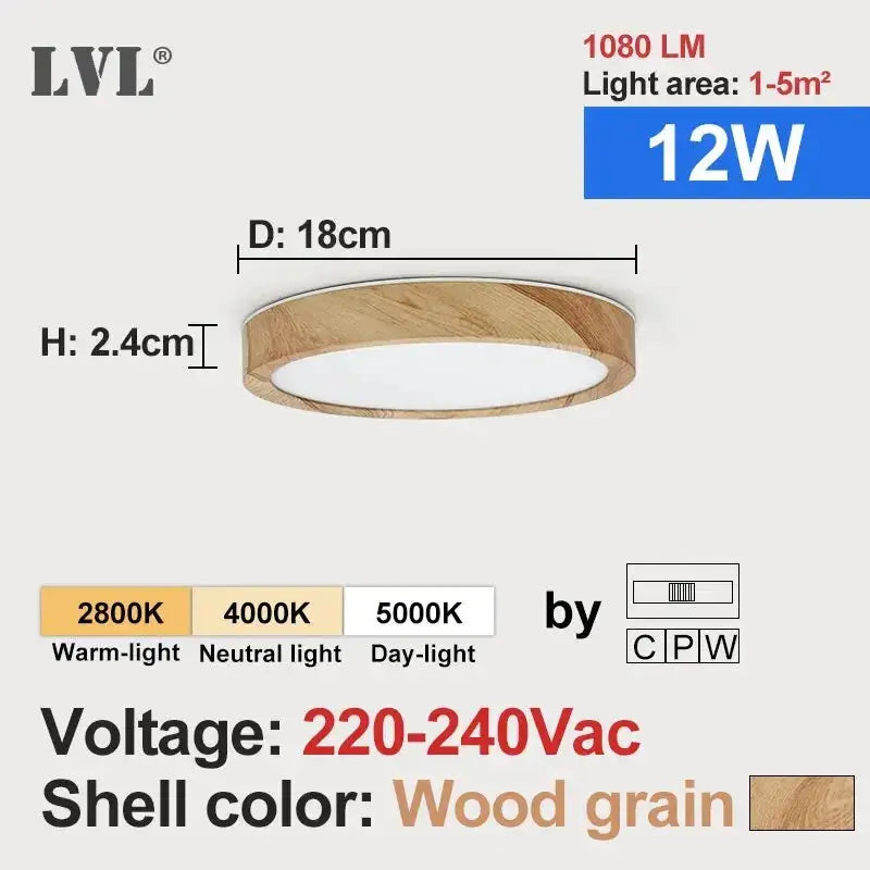 LVL LED ceiling light, wood grain with white diffuser; round flush mount, 18cm dia, 12W.
