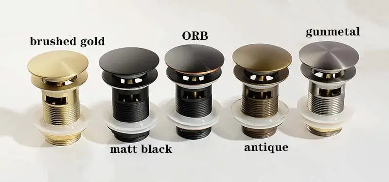 Bathroom sink push-down pop-up stopper drain set of five in brushed gold, matt black, ORB, antique, gunmetal