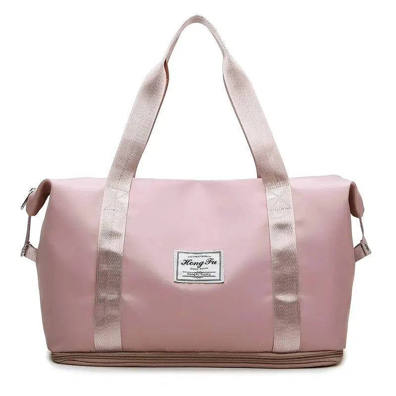 Carry-on duffle bag Hong Fu pink nylon with rose-gold handles, large-capacity gym tote