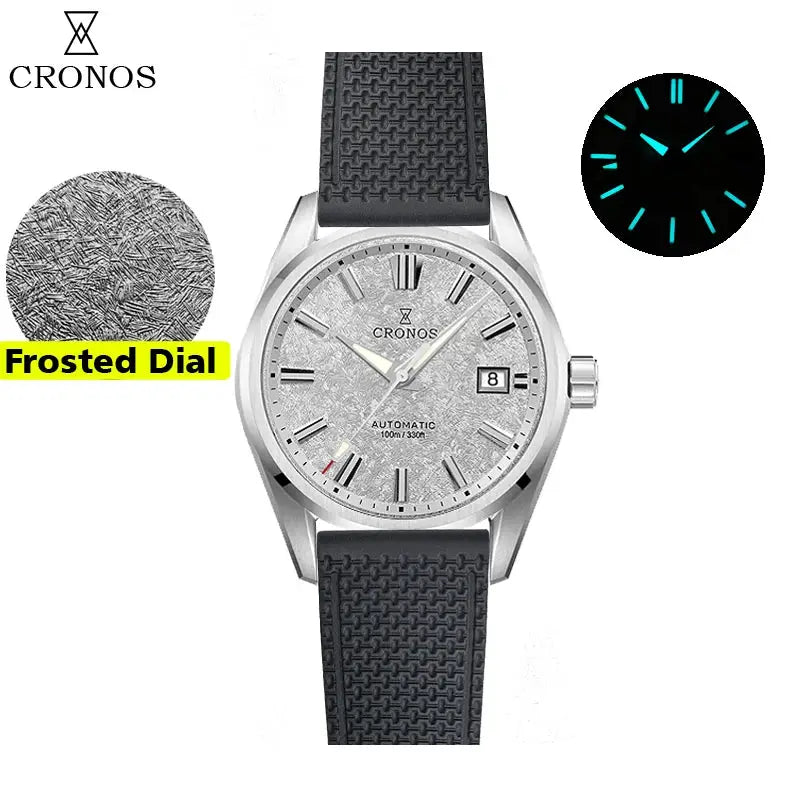 Cronos men's watch, white birch-pattern dial, black textured strap