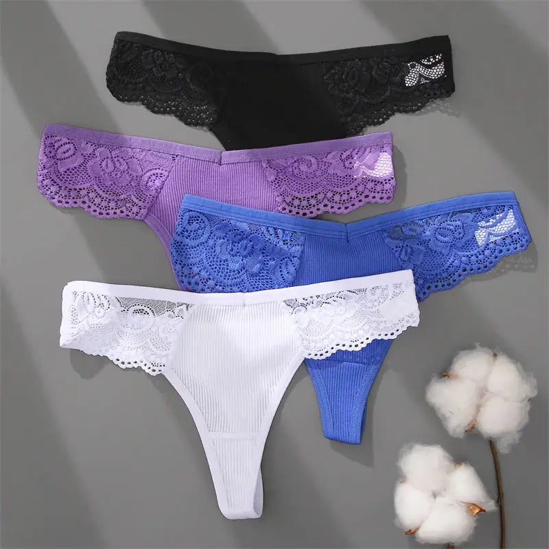FINETOO cotton lace thong set, 5-color assortment (black, purple, light blue, blue, white), low-rise breathable G-string