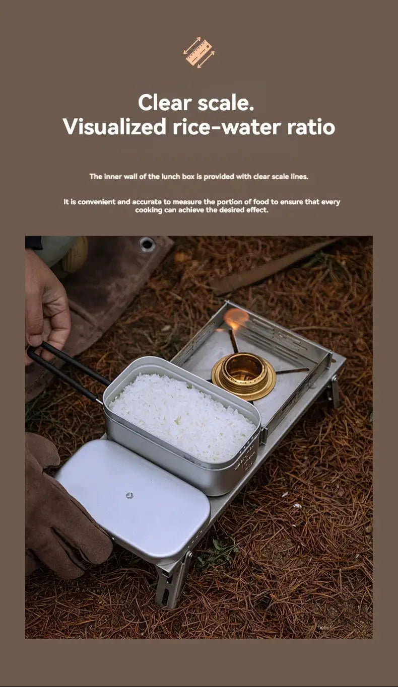 Simples Market CAMPINGMOON aluminum lunch box on a portable stove cooking white rice outdoors