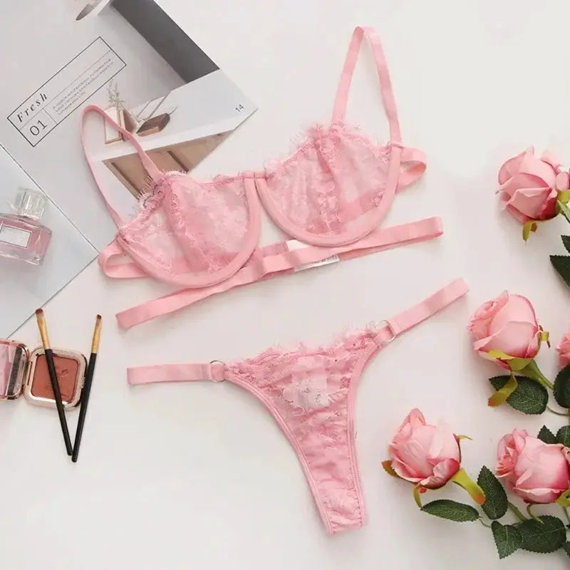 LaceLuxe Embroidered Sheer Lingerie Set With Push Up Bra And Brief For Seductive Curves