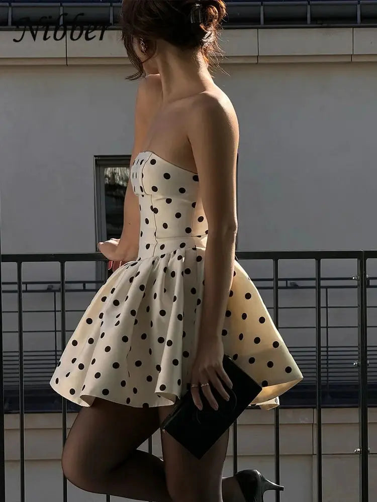 Nibber Dots Print Dress Backless Bow Applique Ruffles Y2K Bodycon
