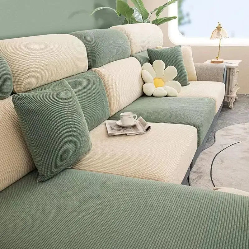 Elastic sofa cover set by Simples Market in green and beige, thick, removable living-room couch slipcover