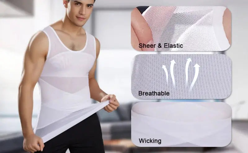 Simples Market men's white compression undershirt with chest and abdomen shaping, breathable and wicking mesh panels
