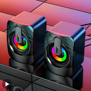 Simples Market computer speaker pair with colorful RGB ring lighting for desktop PC and laptop.