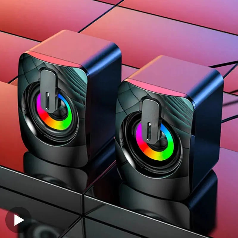 Simples Market computer speaker pair with colorful RGB ring lighting for desktop PC and laptop.