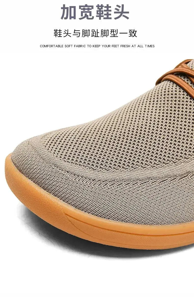 Barefoot wide-version shoes with beige knit upper and orange sole, Simples Market
