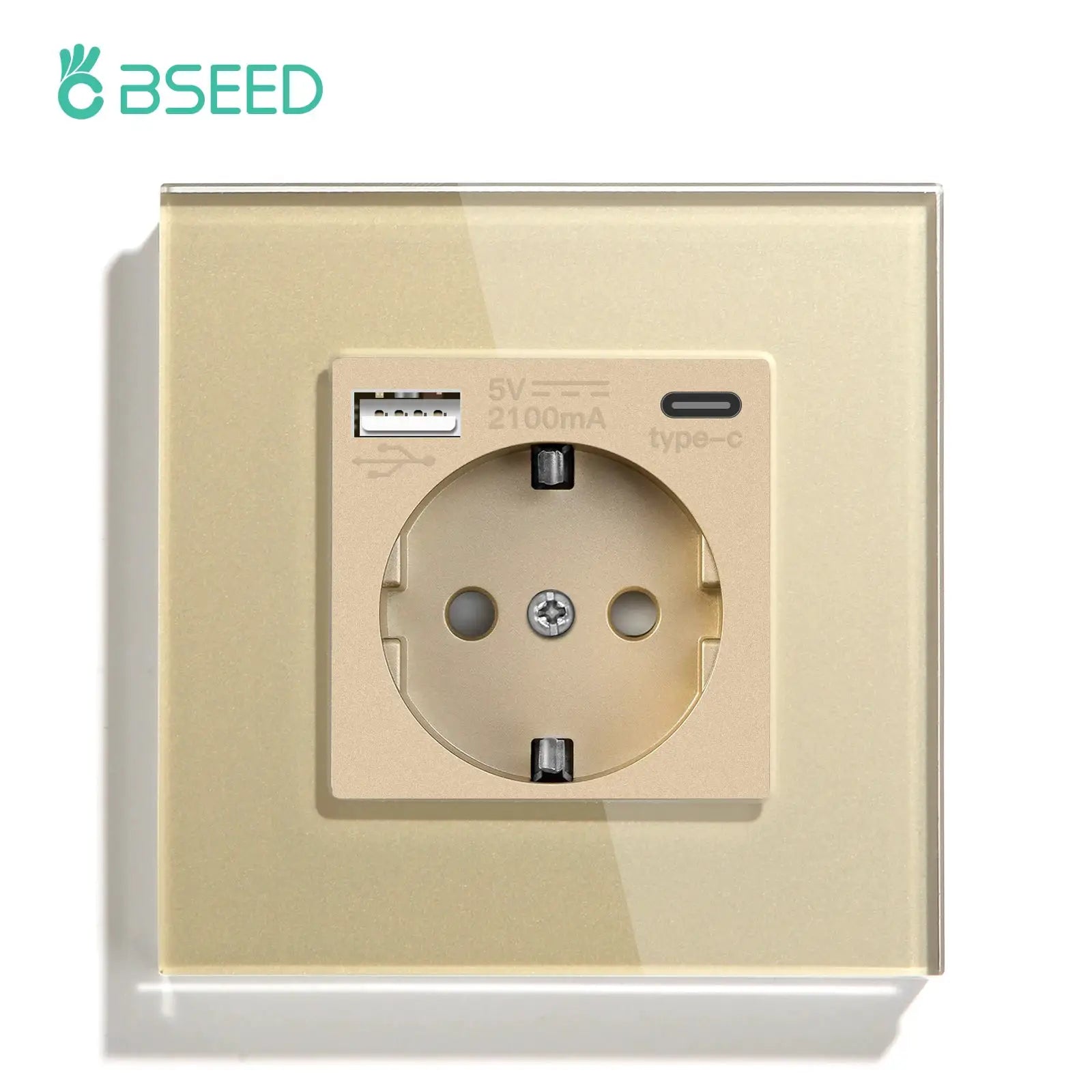 BSEED EU standard wall socket with USB-C port on beige glass panel, 16A