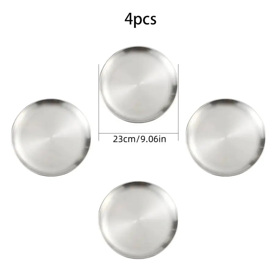 4 Piece Stainless Steel Plates Korean Style Grilled Meat Circular Trays Household Dinnerware Set