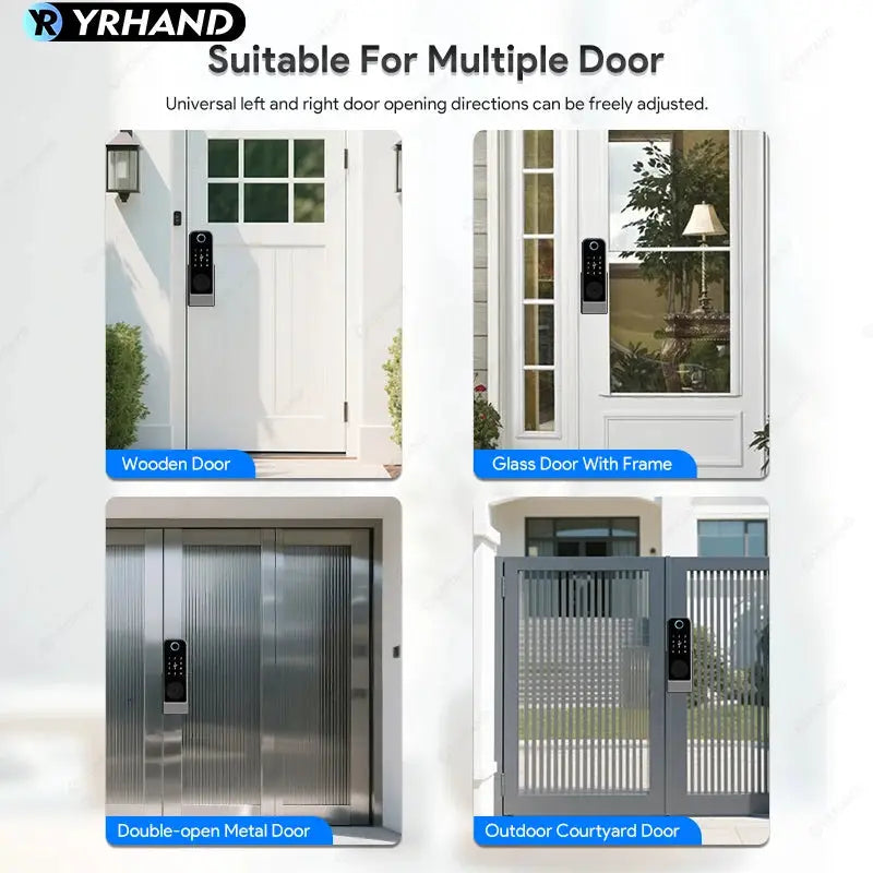 YRHAND fingerprint smart lock for multiple door types; shown on wooden, glass, metal, and courtyard doors