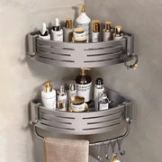 Simples Market bathroom corner shelf set, 2-tier space aluminum, no-drill with plastic towel bar