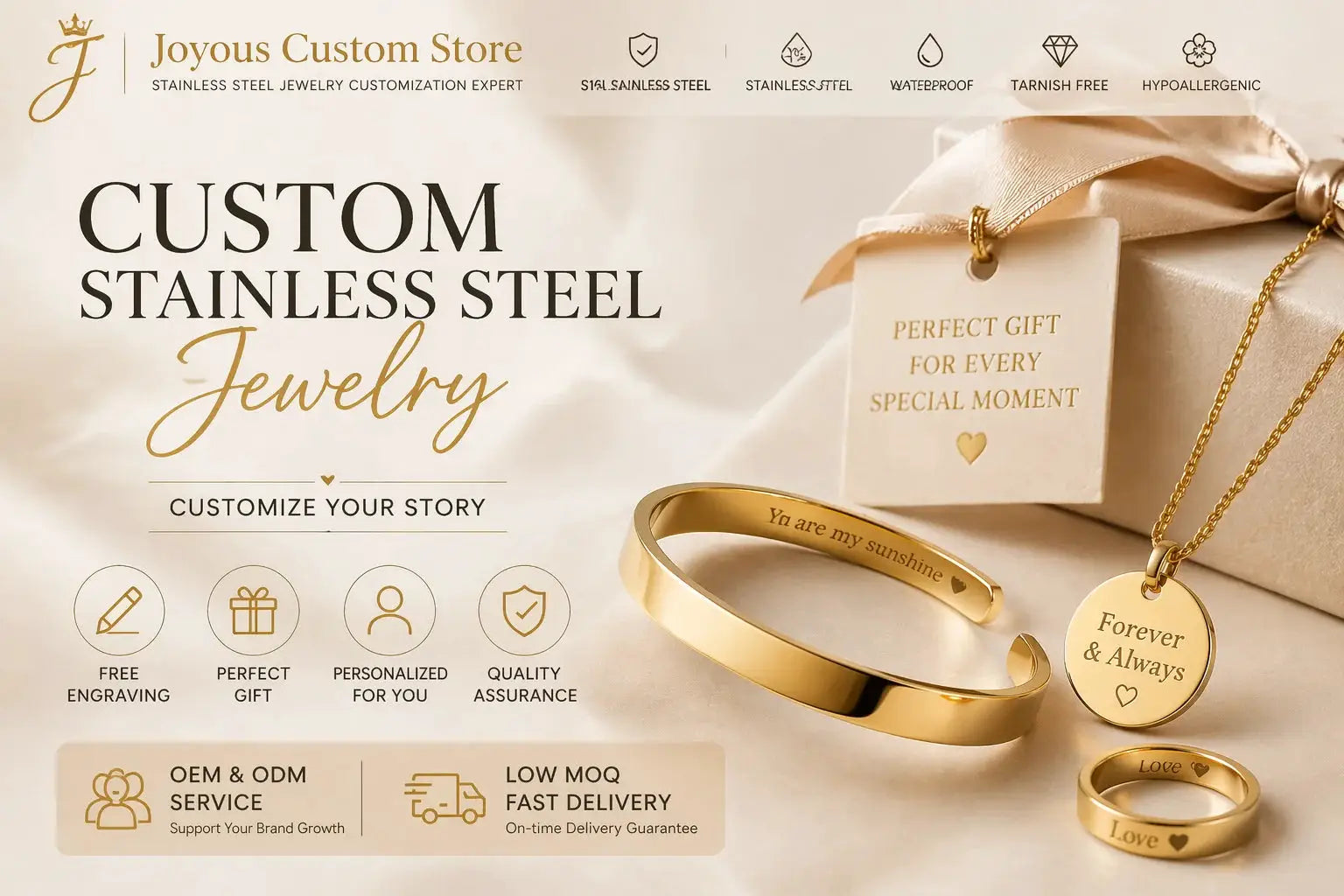 Joyous Custom Store banner showcasing gold-tone stainless steel jewelry: bracelet, pendant necklace, and two rings.