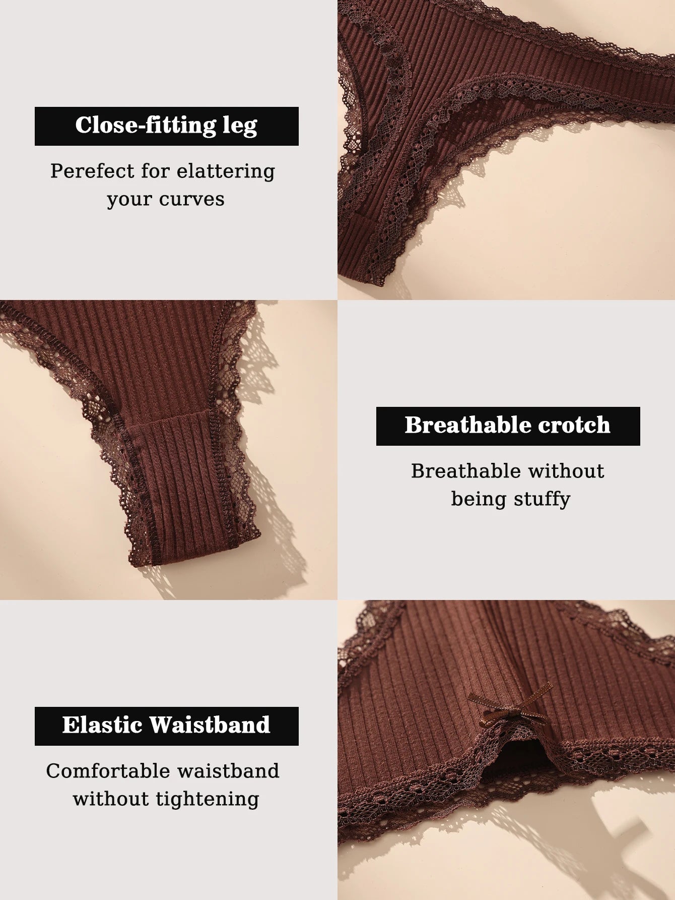 7-piece burgundy cotton lace thong set with ribbed fabric and elastic waistband