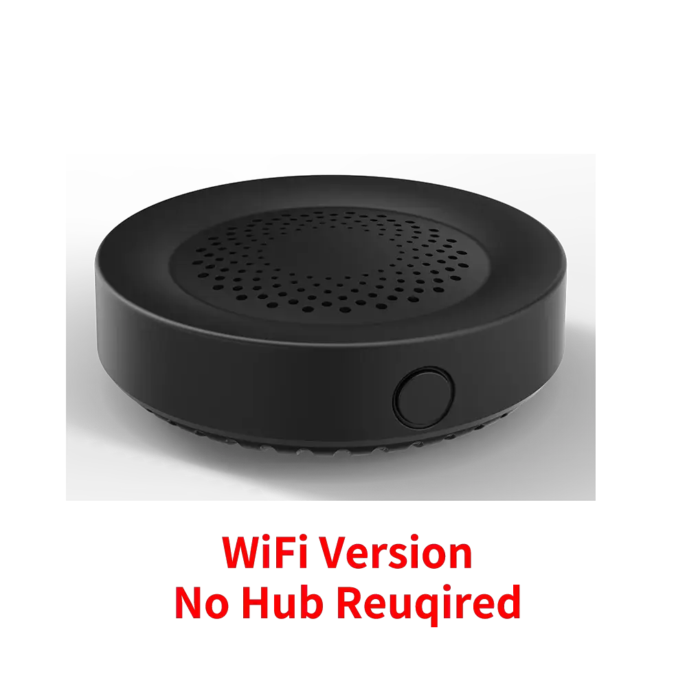 Tuya Zigbee WiFi smart siren alarm, black round speaker with perforated top and side button.