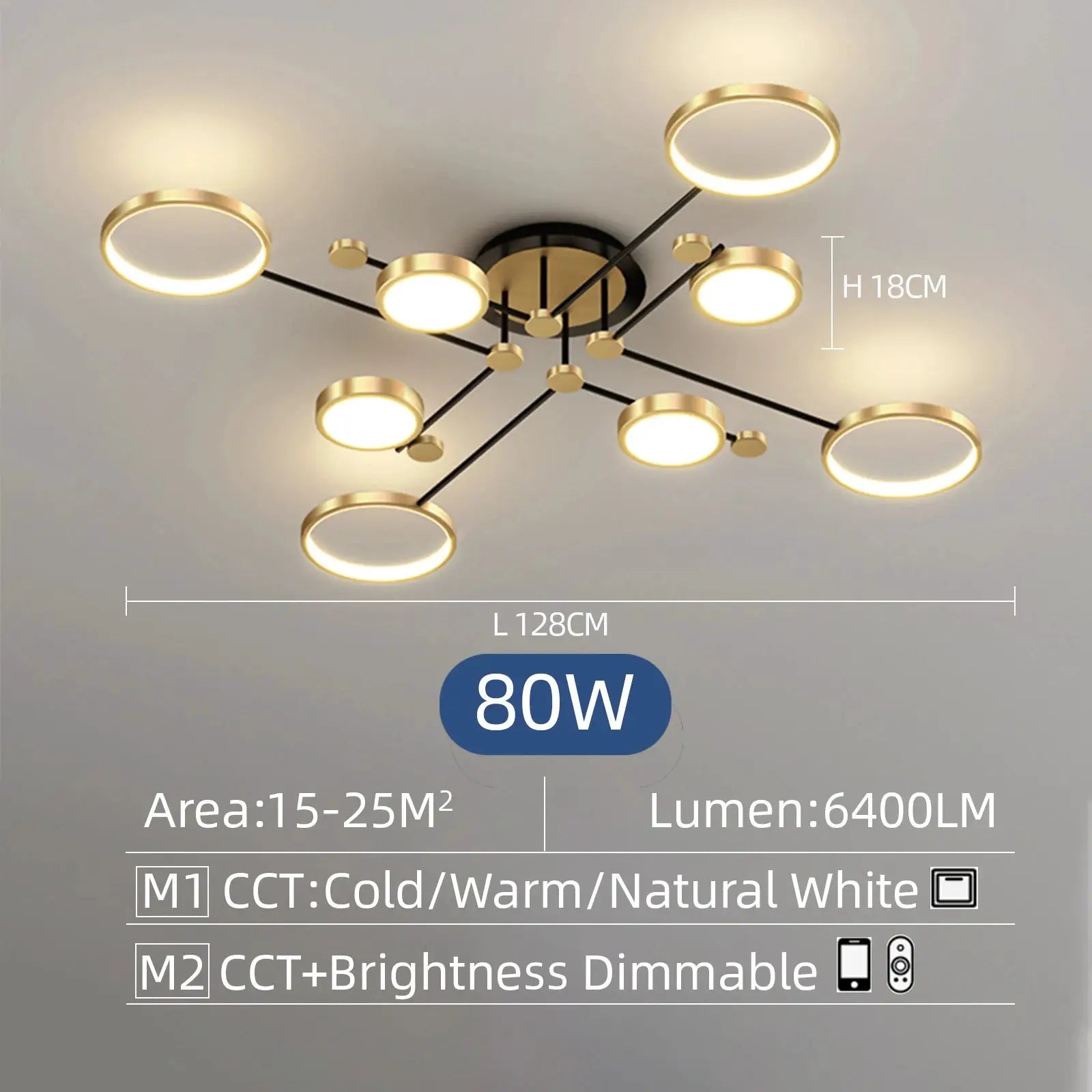Simples Market gold modern LED chandelier with eight circular ring lights, ceiling mount