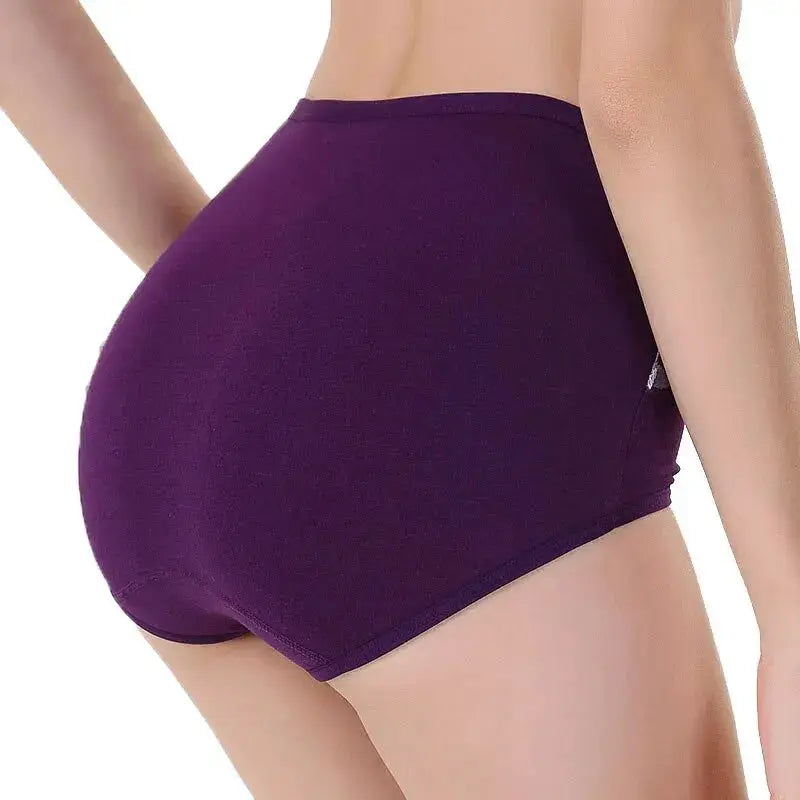 Women’s purple cotton high-waist panties shown from the back, breathable full-coverage brief