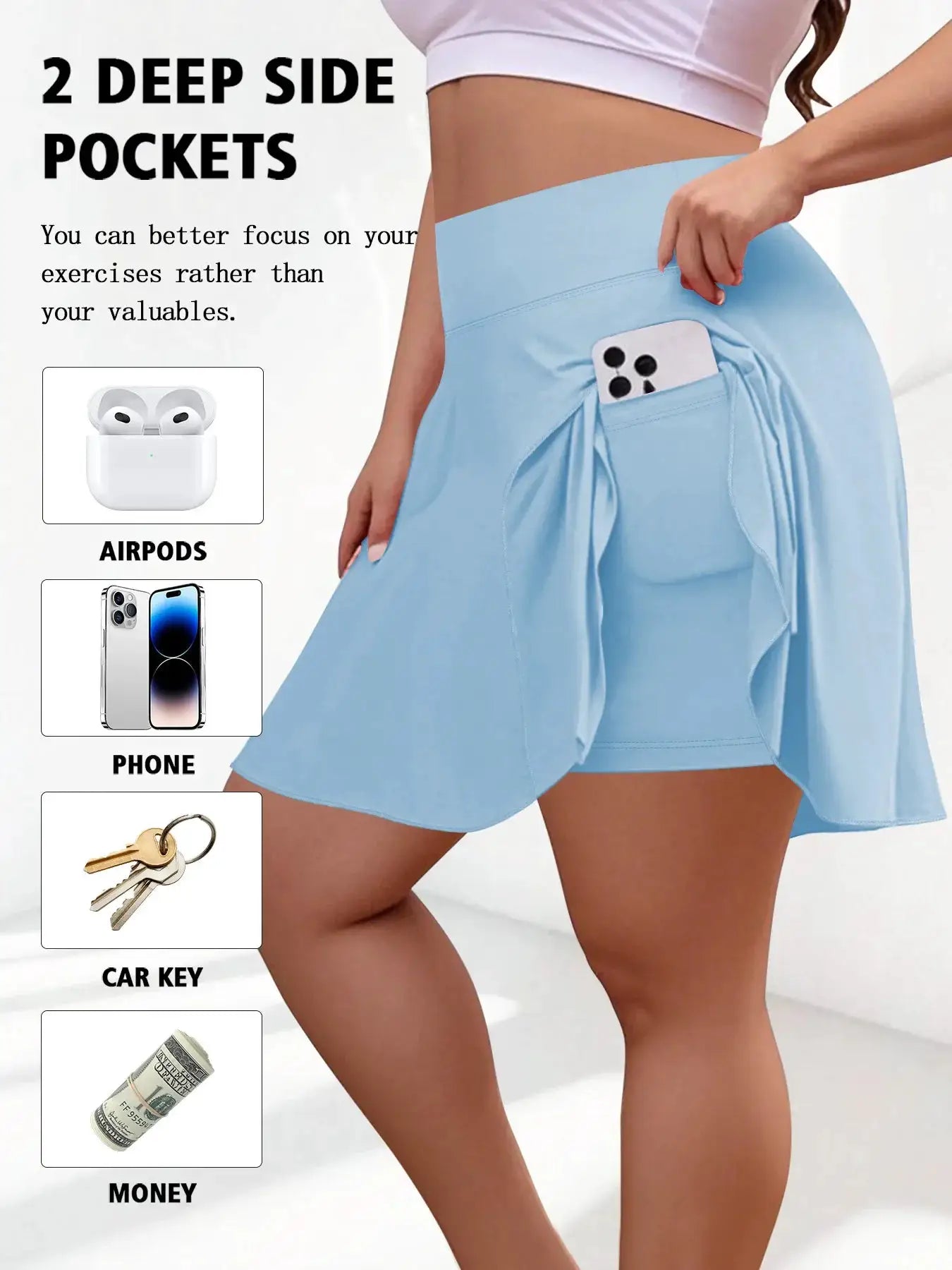 Simples Market plus-size high-waist fitness shorts with two deep side pockets in light blue