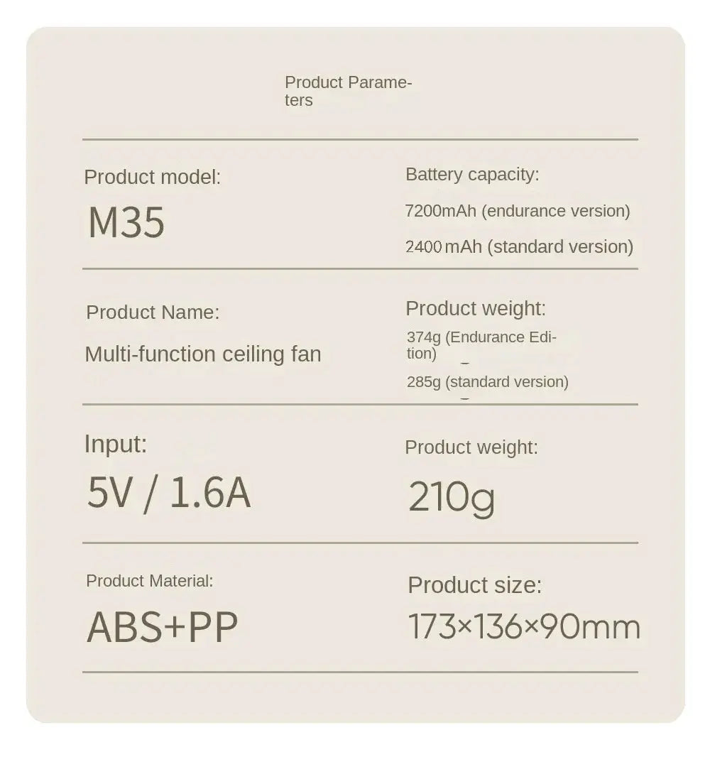 Simples Market M35 portable wireless ceiling fan data sheet with specs, ABS+PP, 5V/1.6A input, 173×136×90mm