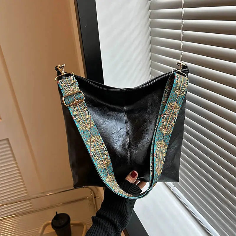 Nova Geometric Strap Shoulder Bag Wide Crossbody Large Capacity Retro PU Leather