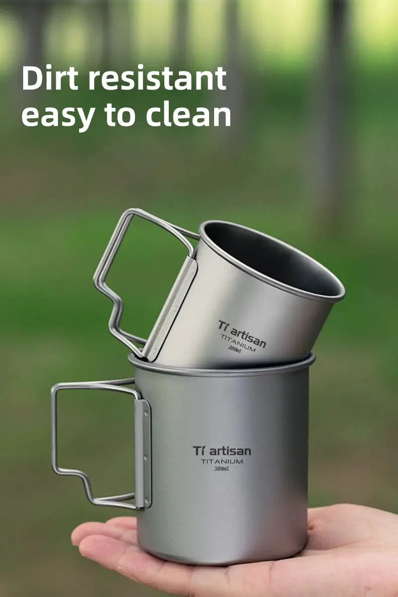 Tiartisan titanium camping cup with folding handle, 2-pack outdoor mugs