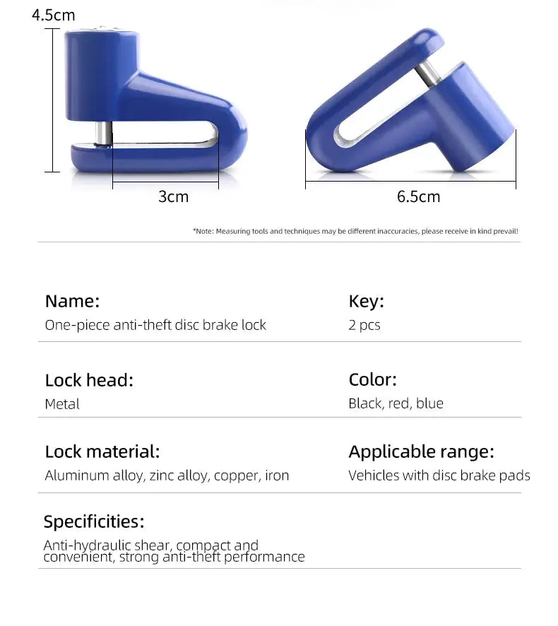 Blue Simples Market motorcycle disc brake lock, one-piece anti-theft device with metal construction