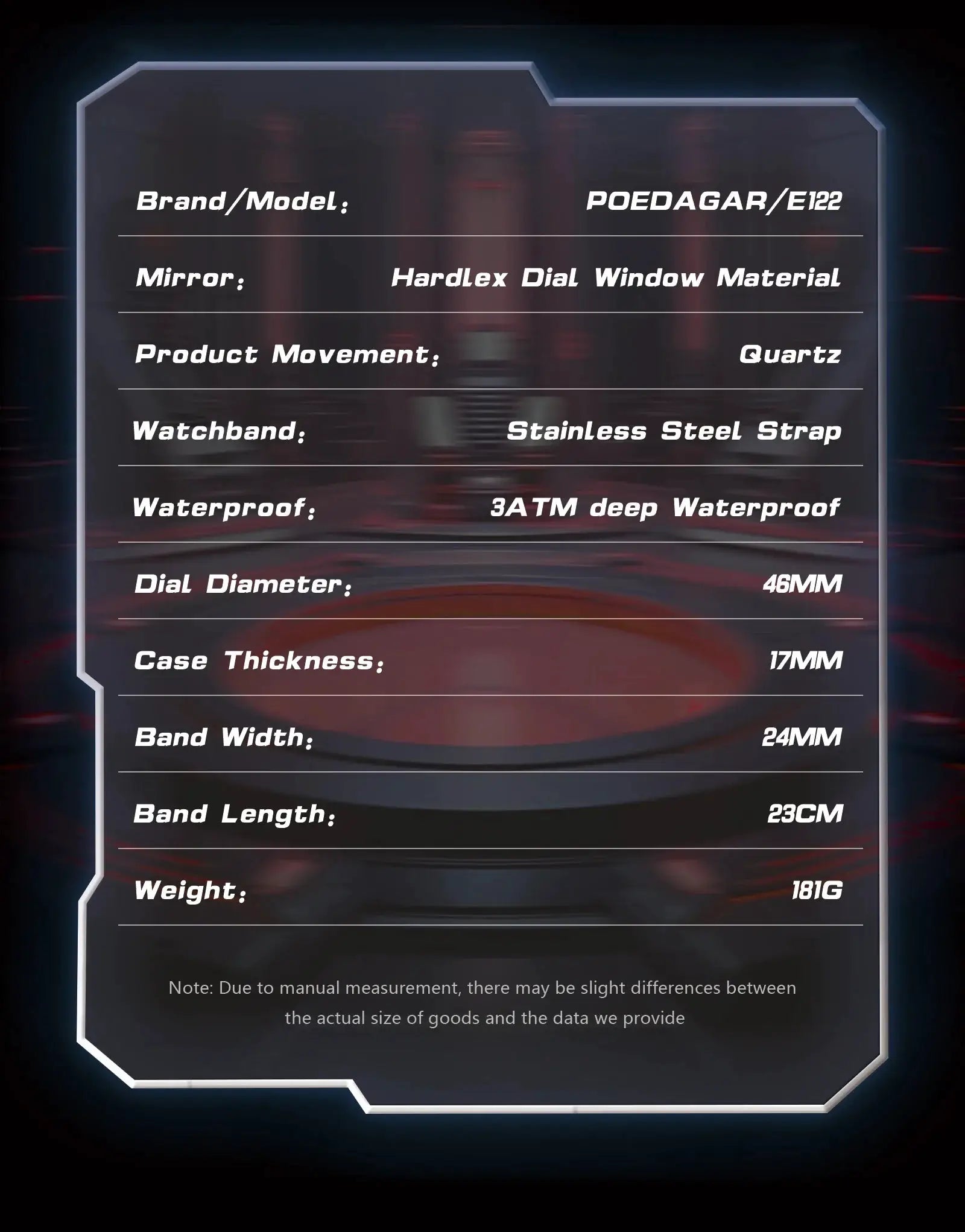 POEDAGAR E122 men's wristwatch spec sheet; stainless steel strap, hardlex dial, quartz movement, 46mm, 3ATM waterproof