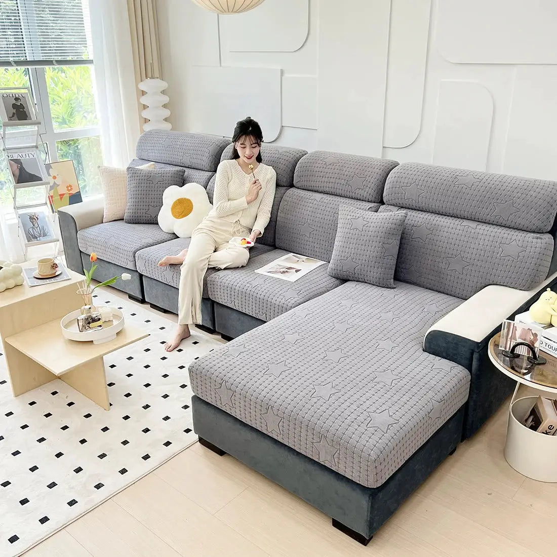 Sofa seat cushion covers in gray jacquard with star pattern; thick stretch fabric, removable and washable.