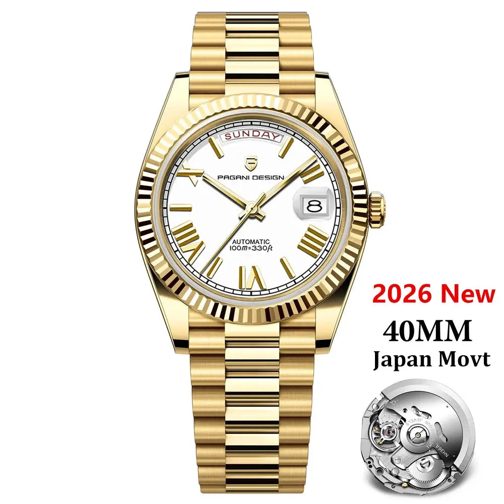 Pagani Design gold-tone men's wristwatch with white dial, day-date window, 40mm case, automatic Japan Movt