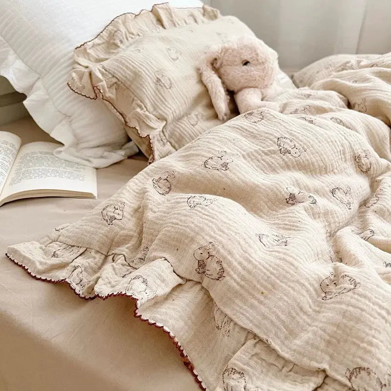 INS Princess Ruffle Edge Gauze 100% Cotton Bedding Set, cream with tiny animal prints, 3pcs