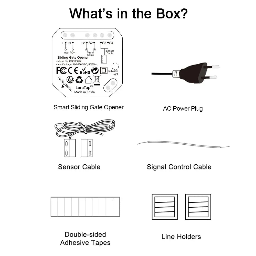 Smart Sliding Gate Opener: Simples Market LoraTap Tuya controller AC plug, sensor cable, signal cables, tapes, line holders