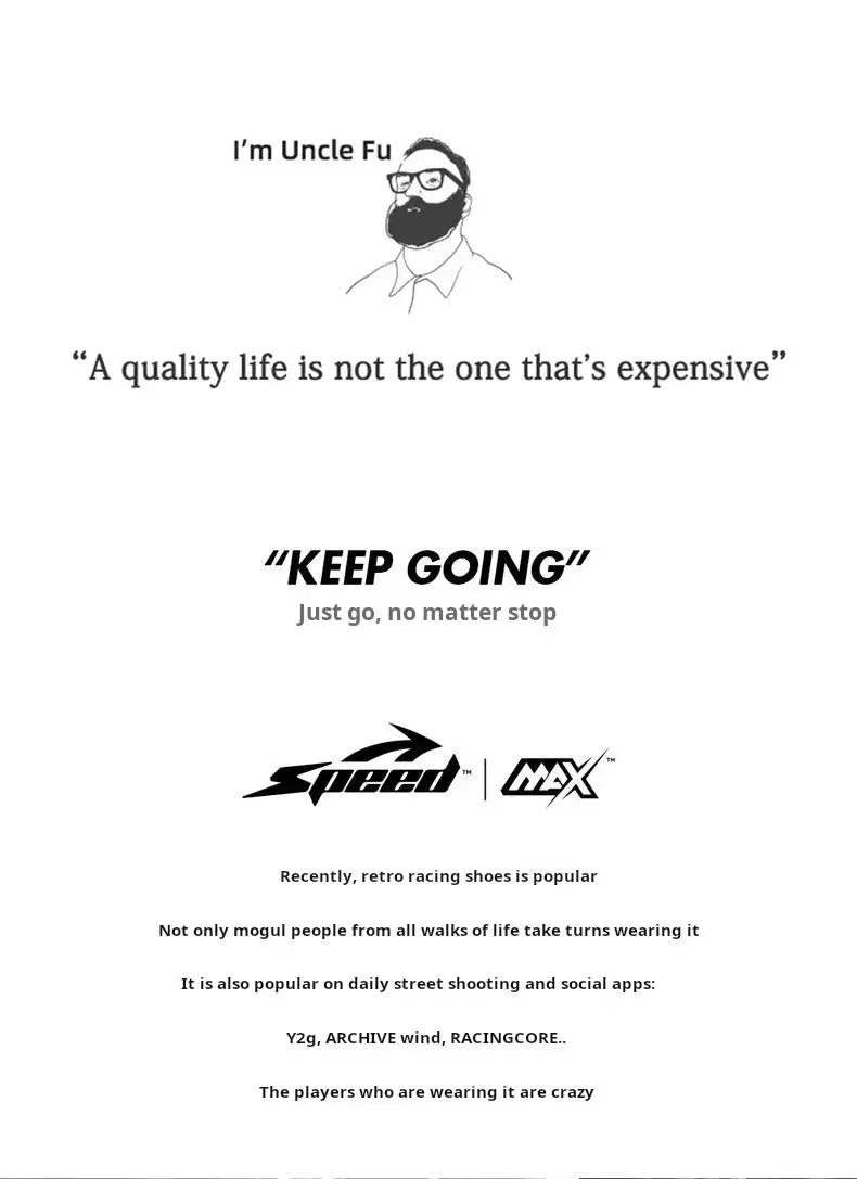 Poster-style graphic with Uncle Fu illustration, inspirational quotes, and Speed MAX racing logos.