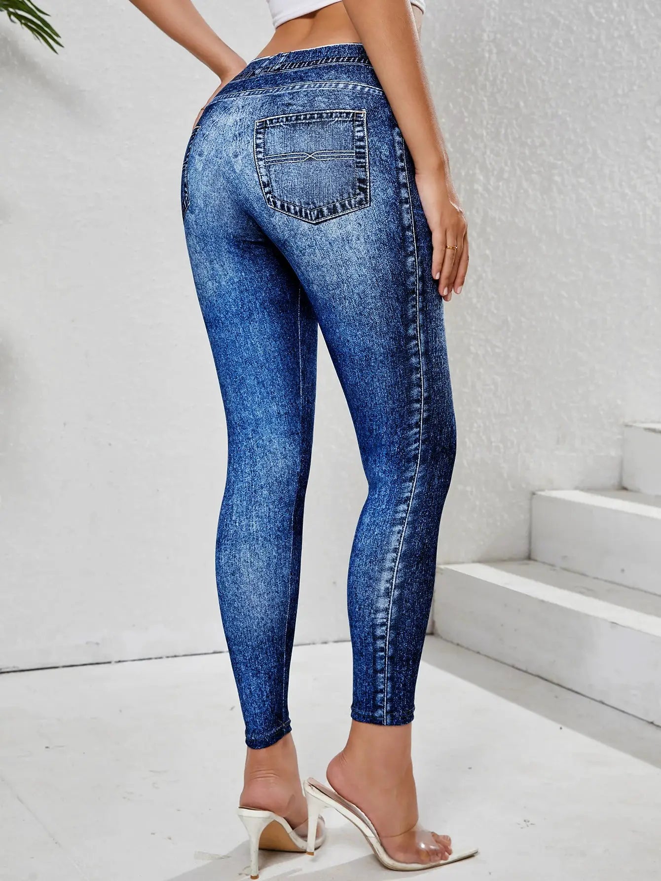 Women's imitation denim leggings with pockets, blue denim-look, high-stretch tummy-control fitness pants