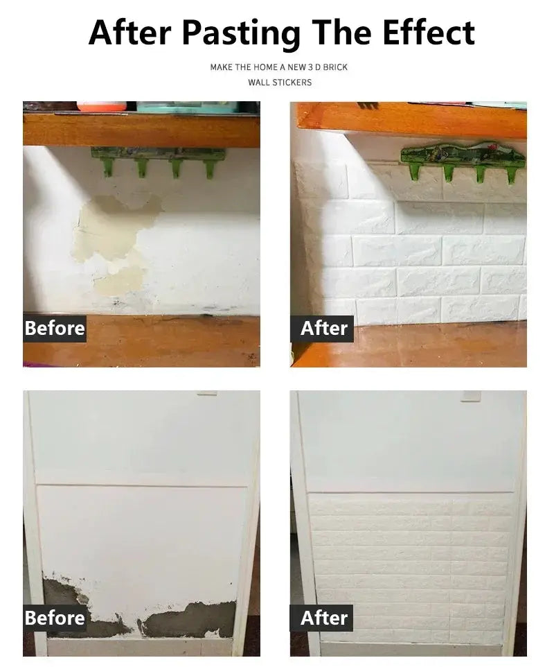 10pcs self-adhesive 3D foam wall stickers; white brick wallpaper for interior decor; before/after shots