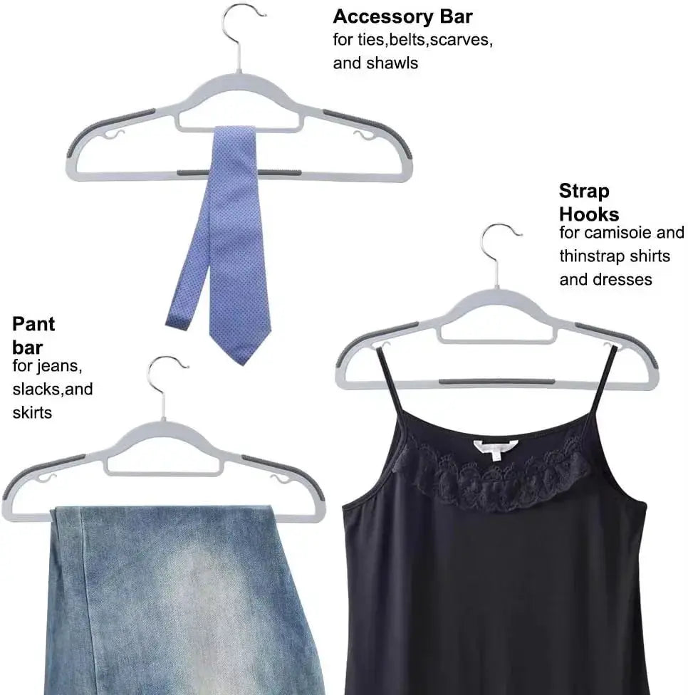 Plastic clothes hangers set of 4 with anti-slip, scratch-resistant finish; holds blue tie, denim jeans, and a black sleeveless top
