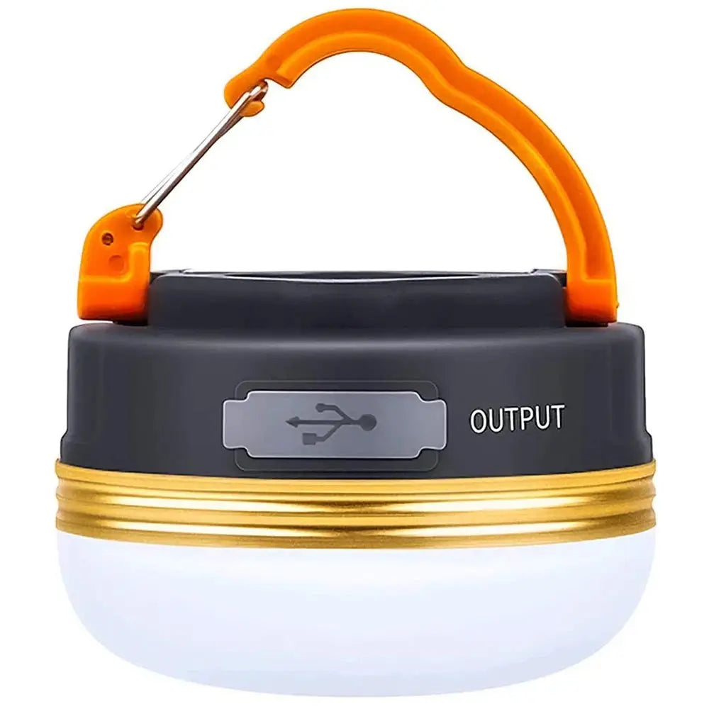 10W high power camping lantern with orange handle, gray body, and white diffuser; USB output label visible.